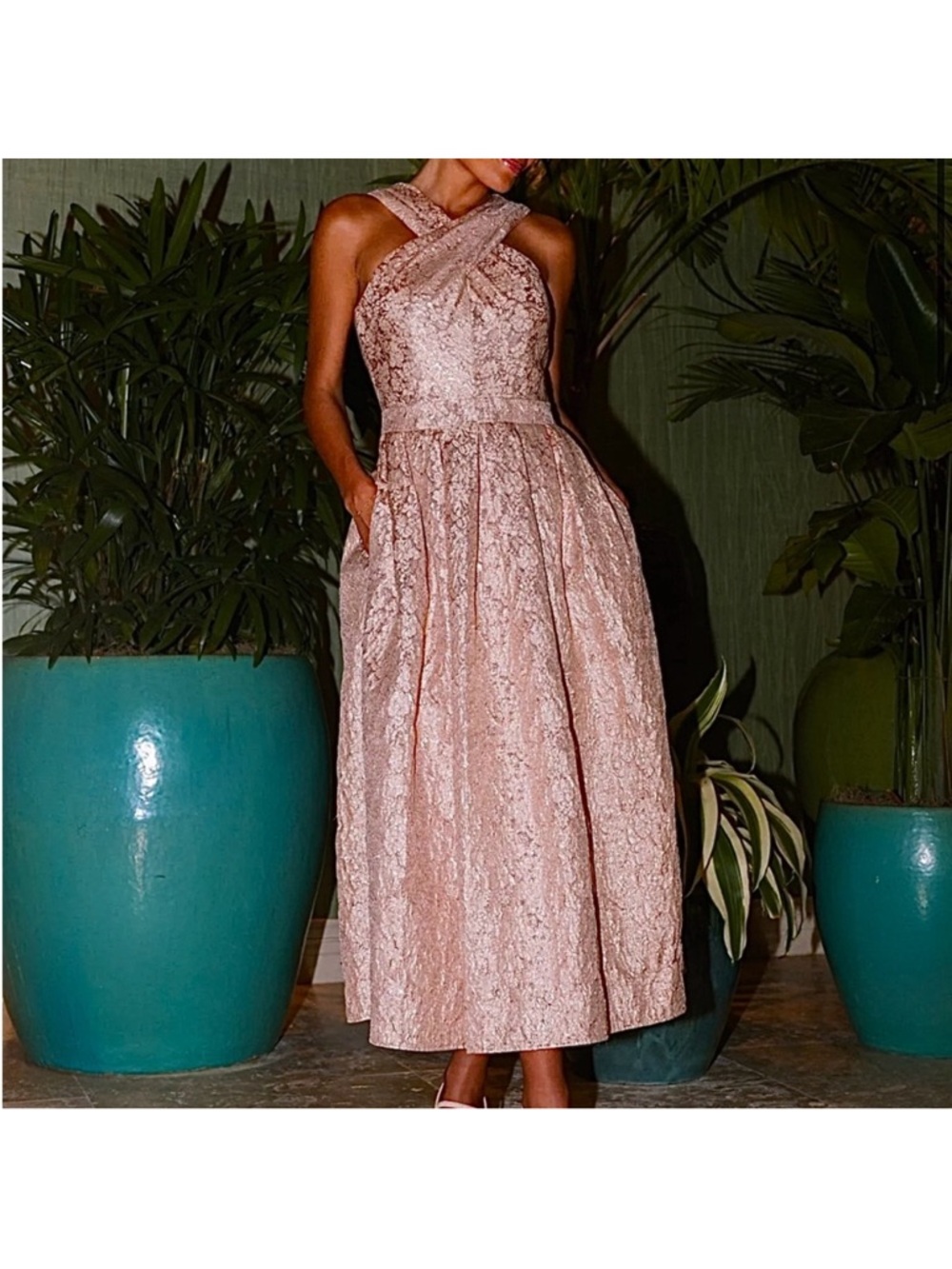 NEW Shoshanna Midnight Ivanna rose gold metallic jacquard midi dress - Picture 5 of 9